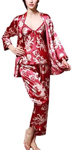 JIANGTAOLANG New 3Pcs Dragon Printing Robe Pants Sets Rayon SLace Sleep Lounge Home Service for Couple Red M