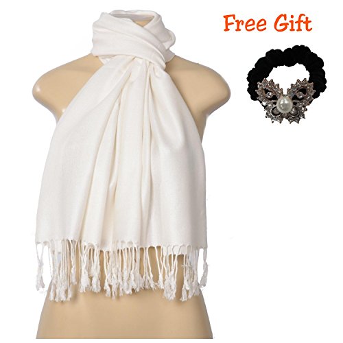 C-More Elegant Pashmina Silk Blend Soft Wrap Scarf Shawl For Women -30+ Solid Colors (Off White)