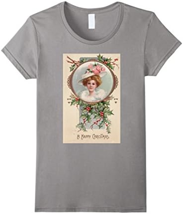 Womens Vintage Victorian Gipson Girl Christmas Holly Card Shirt XL Slate
