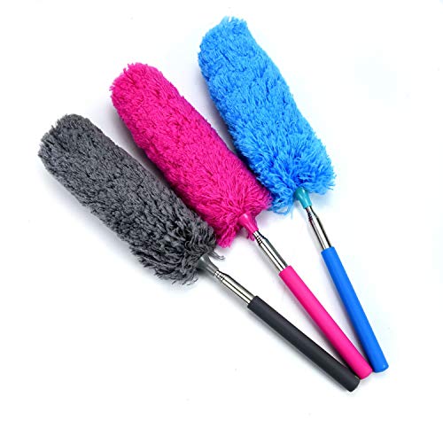 WEFOO Set of 3 Microfiber Duster Extendable Brush Washable Dusting Brush for Interior Roof, Ceiling Fan,Cobweb Duster, Cars-Wet or Dry Use,Bue Coffee And Rose Red