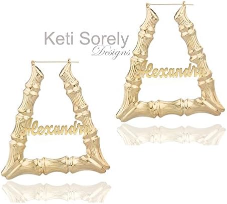 Triangle Bamboo Earrings with Nameplate, Gold Hoops.