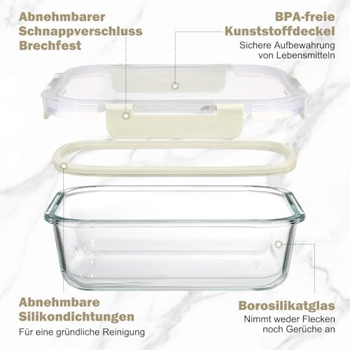 Glasbehälter mit Deckel, 10 Teile Stapelbar & Luftdicht Meal Prep Boxen Glas für Spülmaschine, Mikrowelle & Gefrierschrank, Auslaufsicher, BPA-Frei, Weiß