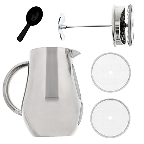 French Press Double-Wall Stainless Steel Mirror Finish (Euro) Coffee/Tea Maker: Double-Screen System 100% No Coffee Grounds Guarantee, 18/10 Stainless Steel, Rust-Free, Dishwasher Safe, 2 Bonus Screen - Thumbnail 3