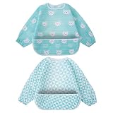 Long Sleeved Bib Baby Waterproof Bibs Feeding Bibs Apron with Built-in Pocket Bag（Blue Baby Bibs）