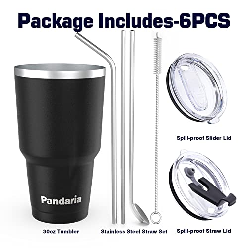Pandaria 30 oz Insulated Tumblers with Lids and Straws, Double Wall Stainless Steel Tumbler with Straw, Reusable Spill Proof & Leak Proof Tumbler, Perfect for Iced Coffee, Tea & More, black