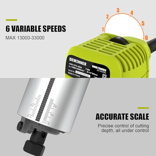 DEWINNER Electric Palm Router Tool, 710W Compact Wood Router Trimmer with Metal Base, 6Variable Speeds Router for Woodworking, Trimmer Router with hand Bag, 15pcs Palm Router Bits for Handwork and DIY
