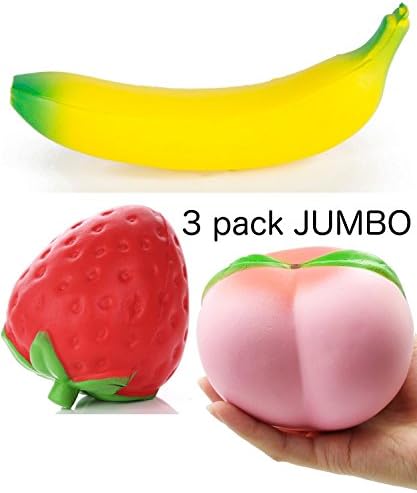 Slow Rising Jumbo Squishies - Bundle of 3 Kawaii Squishy Toys - Peach, Strawberry & Banana Squishys Perfect for Kids!