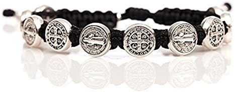 Catholic St. Benedict Bracelet, Black Blessing Bracelet with Silver Medals. This Bracelet Is Hand-made in Medjugorje At the Base of Apparition Hill, Where It Is Reported That the Blessed Virgin Mary Started Appearing to a Group of Children in 1981. Each Bracelet Is Made Using 10 Benedictine Medals and a "Blessed" Tag, and Comes Mounted on a Card Telling the Story of Medjugorje and the Powerful Benedictine Medal.