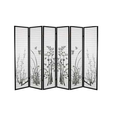 SQUARE FURNITURE 6 Panel Bamboo Floral Room Divider - Black