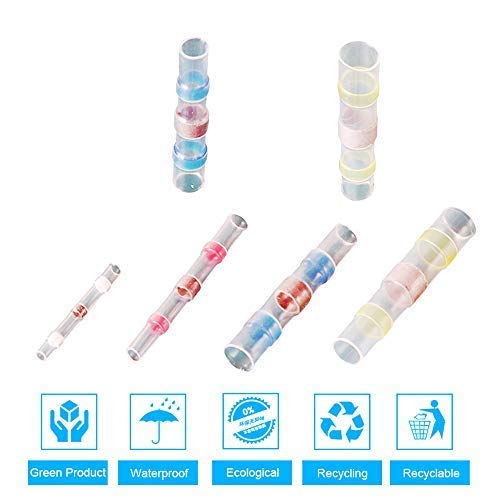 200pcs Solder Seal Wire Connector, Solder Seal Heat Shrink Butt Connectors Terminals Electrical Waterproof Insulated Marine Automotive Copper(50White 80Red 60Blue 10Yellow)
