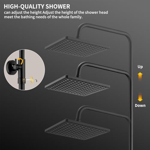 HOMELODY Shower System with Thermostat Black - Shower Fitting Stainless Steel Rain Shower with Fitting, Complete Set 2 Shower Head Safety Lock at 38 °C, Shower Fitting Black