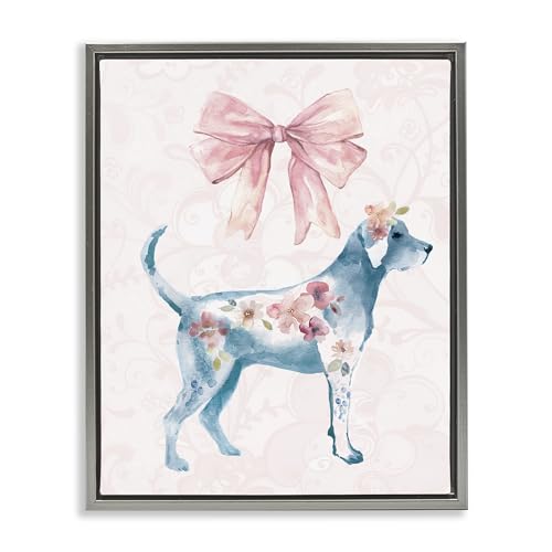 Stupell Industries Floral Dog with Pink Ribbon Gray Framed Floater Canvas Wall…