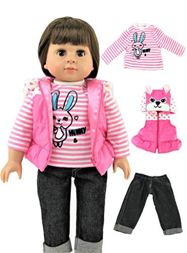 Pink Polka Dot Bunny Puffer Vest with Striped Sweater Outfit | Fits 18