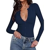 INFITTY Women Bodysuit Sexy Deep V Neck Button Down Long Sleeve Top 2026 Trendy Thong Body Suits Outfits for Going Out