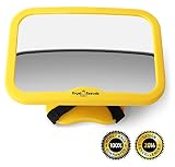 ROYAL RASCALS | Espejo para vigilar al bebé en el coche | El espejo retrovisor nº1 MÁS SEGURO para los asientos de niños orientados hacia atrás | AMARILLO DE SEGURIDAD | Se adapta a cualquier resposacabezas ajustable | Función de inclinación y giro | 100% inastillable | PRODUCTO DE SEGURIDAD PREMIUM | Señal de Baby on Board GRATIS