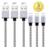 iPhone Charger,MFi Certified Lightning Cable,3 Pack 3/6/10 FT Extra Long Nylon Braided Charging&Syncing Cord Compatible with iPhone Xs/XR/XS Max/X/7/7Plus/8/8Plus/6S/6SPlus/5/5s/5c/(White+Grey)