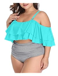Wavely Trajes de baño de dos piezas con volantes y hombros descubiertos con estampado de cintura alta para mujer