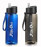 FilterOne Personal Water Filter Bottle & Built-in Compass, BPA Free Portable 2-Stage Integrated Personal Filter Straw for Hiking Camping Survival or Emergency, Leakproof Reusable Straw (Black)
