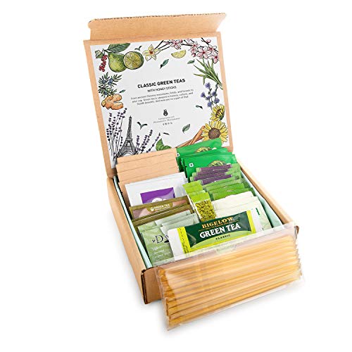Green Tea Sampler Kit - 40+ Servings Green Tea Bags Assortment with 10 Honey Sticks. Perfect Sampler Gift for Tea Lovers. Best Tea Gift. Anti-oxidant Rich.