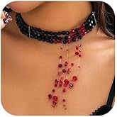 Jumwrit 3 Tier Black Beaded Necklace Gothic Layered Choker Shiny Rhinestone Long Tassel Pendant Necklace Halloween Vampire Blood Cosplay Necklace Party Costume Accessories for Women