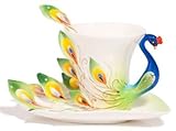 Leegoal Hand Crafted Porcelain Enamel Graceful Peacock Pattern Tea Coffee Cup Set (With Saucer and Spoon) Gift