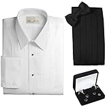 Tuxedo Shirt, Cummerbund, Bow Tie, Cufflink & Studs Set - Laydown Collar, M (15-15.5 Neck, 32/33 Sleeve) white