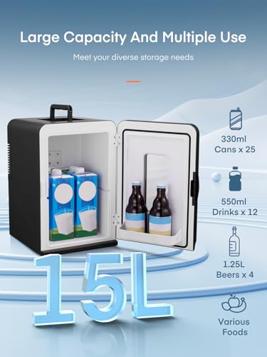 FOHERE 2-in-1 Mini Fridge, 15L Fridge for Room with Cooling and Heating Function, DC/AC for Cars, Offices and Dorm, Eco Low Noise Mode, for Cosmetics and Drinks, Black