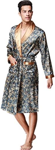 YUAKOU Men's Long Sleeve Satin Kimono Robes Dragon Phoenix Pattern Silk Nightwear Bathrobes Spa