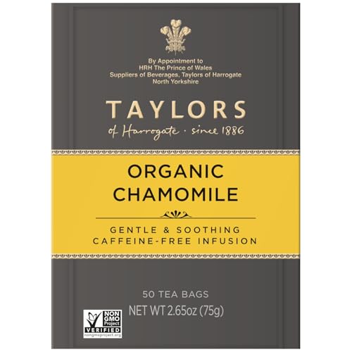 TAYLORS OF HARROGATE ORGANIC CHAMOMILE, HERBAL TEA, PILLOW BAGS, 50 COUNT (PACK OF 1), MELLOW, SILKY & SOFT, CAFFEINE-FREE, ENJOY HOT OR ICED, 50 TEABAGS