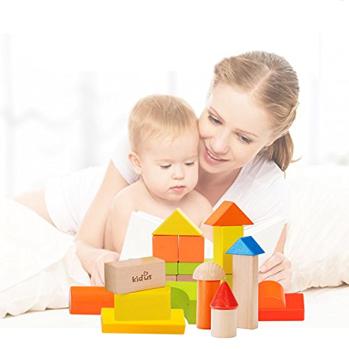 ZONXIE KAJA Classic Wooden Building Blocks Sets 80 Pcs Natural and Color Blocks for Toddlers Educational Preschool Learning Toys with Carrying Bag