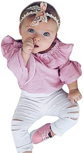 Hatop Baby Girls Boys Long Sleeves Girl Striped Tops Romper Ripped Pants Outfits Clothes Set