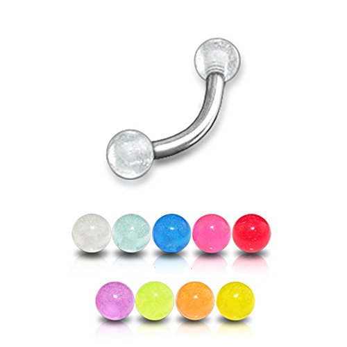 16Gx1/4 (1.2x6MM) 316L Surgical Steel Banana with 3MM UV Glow in the Dark Ball Eyebrow Rings - 10 Pieces Assorted Color as Show