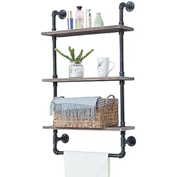 Industrial Bathroom Shelves Wall Mounted 3 Tiered,Rustic 24in Pipe Shelving Wood Shelf With Towel Bar,Black Farmhouse Towel Rack,Metal Floating Shelves Towel Holder,Iron Distressed Shelf Over Toilet