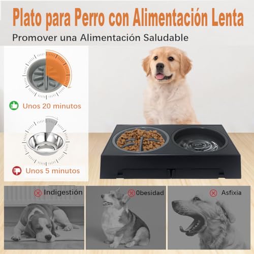 3PCS Comedero para Perro（Stainless steel bowl*2+Plato para Alimentación Lenta*1）, Cuenco Elevado para Perros,Soporte Elevado para Cuencospara Perros y Mascotas pequeños, medianos y Grandes(Negro)