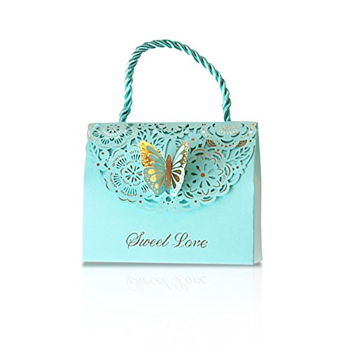 Finex 100 pcs Premium Korean Wedding Design Party Favors Candy Boxes - Light Blue 3D Butterfly Handbag style Hollow Carved Laser Die Cut