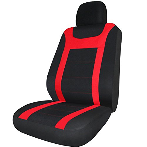 Copap 17pcs Car Truck SUV Seat Covers Universal Full Set Steering Wheel Cover Mesh Fabric Front Airbag Compatible Black/Red Fit Most Car Truck Suv Van