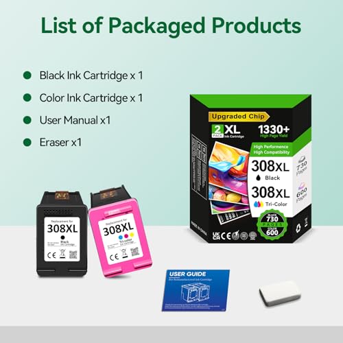 INKWELLZ Encre 308XL BK/CMY - 730/600+ Pages, Remplacement pour Cartouche HP 308 Originale Noir & Couleur, pour HP Envy 6120e 6132e 6520e 6530e 6532e 6558e 6110e 6130e DeskJet 2910 2920 2921 2922