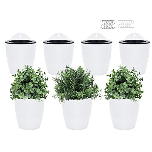Pomeat Self Watering Hanging Planters, 7 Pack Lazy Flower Pot Wall Plant Holder for Succulents Plants Flowers Indoor Outdoor with 7 Hooks (White)