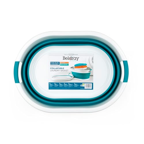 Beldray LA034816TQ Foldable Oval Basket - with Durable Plastic Handles, 37L Capacity, Turquoise, Lightweight, Space Saving Solution, Laundry Basket, Foldable Laundry Basin