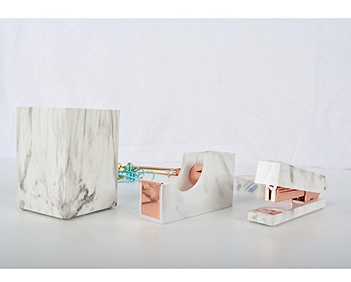 MultiBey Desktop Tape Dispenser Gold Rose Gold Metal Core Marble White Texture Office Supplies 1" (Rose Gold)