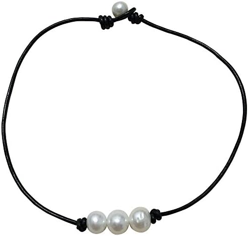Women White 3 Cultured Freshwater Pearls Choker Necklace on Genuine Leather Cord Knotted Jewelry