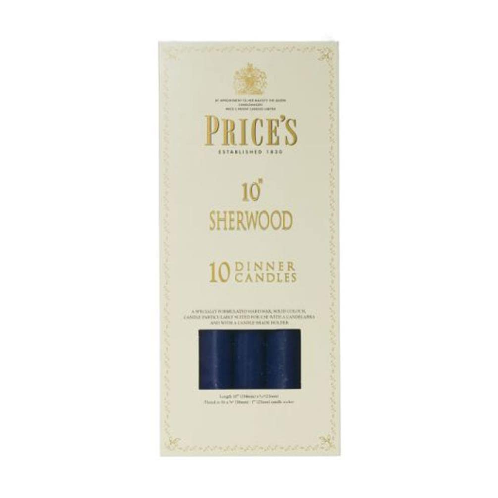 Price's - 10" Sherwood Dinner Candles - 10 Pack - Blue - Solid Colour - Up to 9 Hour Burn Time - Smokeless - Unscented - Non-Drip - Multi-Purpose