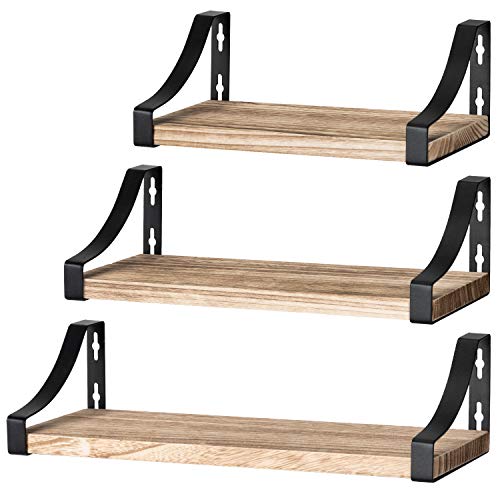 Pipishell Set of 3 Wall Shelves, Wood and Metal Wall Shelves, Rustic Metal Wire Storage Shelves, Maximum Load 10 kg (Brown)