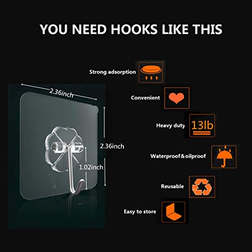 Transparent Adhesive Hooks 15 kg(Max),Free Sticky Hangers with Stainless Hooks Reusable Utility Towel Bath Ceiling Hooks (20Pack -Adhesive Hooks)