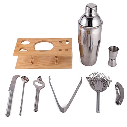 Xena 9 Piece Stainless Steel Bar Cocktail Shaker Set Bamboo Holder Barware Bartender Utensils Kit Accessories