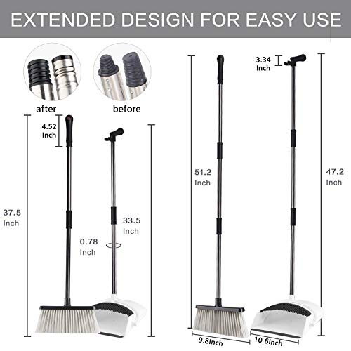 Broom and Dustpan [2019 Version] Tiumso Dust pan Broom Set with Upgrade Combo and Sturdiest Extendable Long Handle,4 Layers Bristles,Upright Standing for Home, Office, Kitchen, Lobby (White)