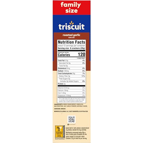 TRISCUIT ROASTED GARLIC WHOLE GRAIN WHEAT CRACKERS, LUNCH SNACKS, BULK SNACK CRACKERS, FAMILY SIZE, 6 – 12.5 OZ BOXES