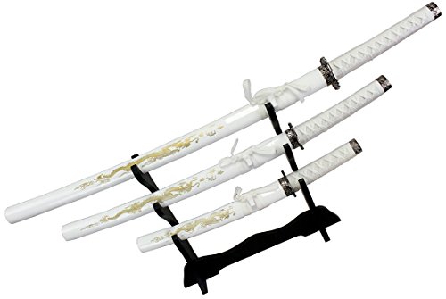 3 Pc White Dragon Design Samurai Katana Swords Set with Stand - Thumbnail 2