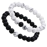 Monily Couples His & Hers Bracelet Black Matte Agate & White Howlite 8mm Beads Bracelet Crown Bracelet Friendship Relationship Bracelet