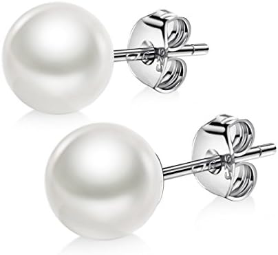 OREOLLE Sterling Silver Round White Shell Stud Pearl Earrings for Women